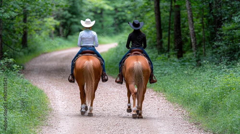 Two people riding horses down a dirt road in the woods, AI Two people riding horses down a dirt road in the woods, AI