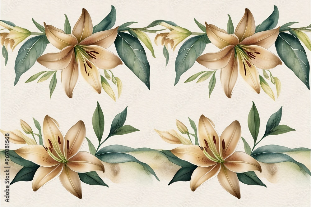 Obraz premium Watercolor Seamless Border Design Featuring Elegant Champagne Lilies and Lush Green Leaves on Ivory Background