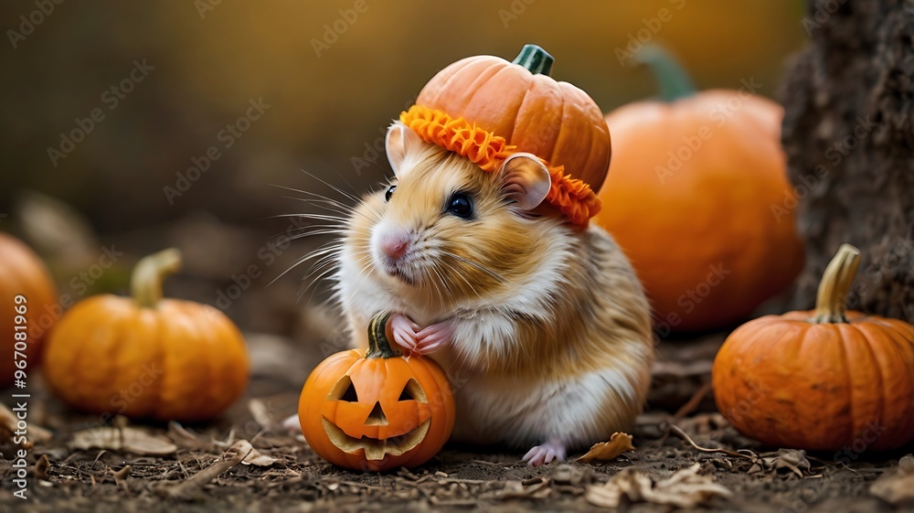 Fototapeta premium Cute Hamster Wearing a Pumpkin Hat and Holding a Jack-o'-Lantern in a Fall Setting