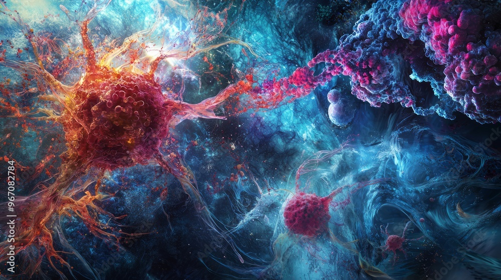 Abstract Cell Biology Cancer Research Microscopy Red and Blue Cells Medical Illustration Abstract Cell Biology Cancer Research Microscopy Red and Blue Cells Medical Illustration