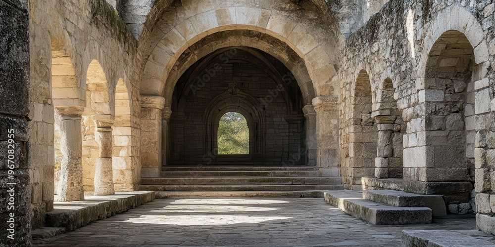 A Romanesque church with thick stone walls and rounded arches, exuding strength A Romanesque church with thick stone walls and rounded arches, exuding strength