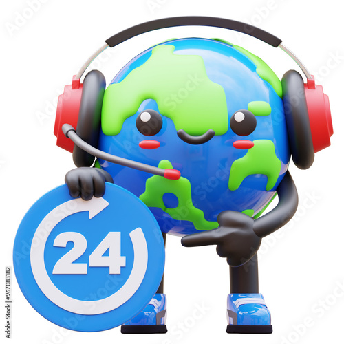 3D Earth character with headphones and 24/7 customer service sign, suitable for support service themes