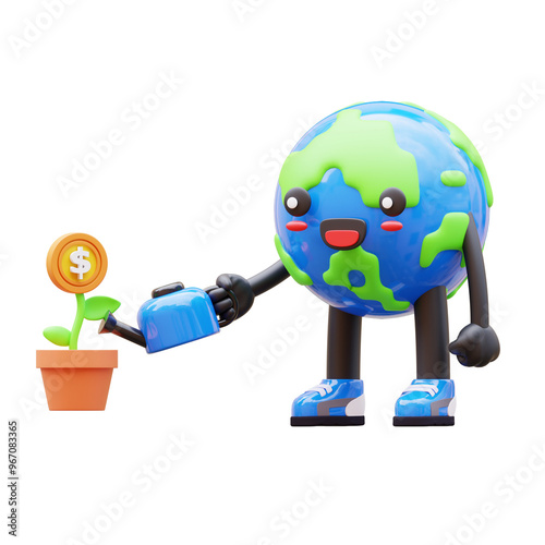 3D Earth character watering money plant, suitable for financial education themes