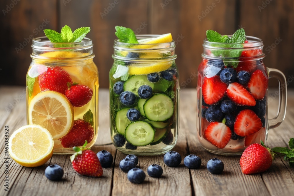 A vibrant display of fresh fruits in glass jars. Each jar showcases colorful combinations. Perfect for summer drinks, healthy recipes and refreshing ideas. Generative AI A vibrant display of fresh fruits in glass jars. Each jar showcases colorful combinations. Perfect for summer drinks, healthy recipes and refreshing ideas. Generative AI