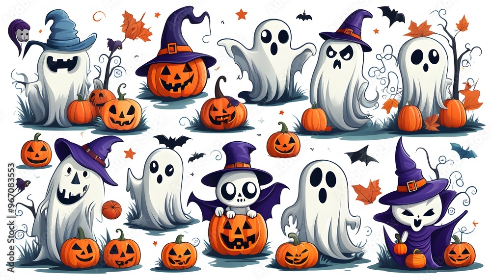 Fototapeta premium A collection of different Halloween ghost cartoon images with different styles and colors