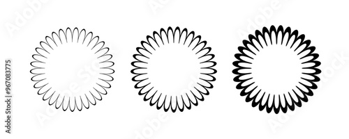 Circle scalloped frame. Scalloped edge round shape border. Simple label and sticker form. Flower silhouette lace frame. Vector illustration isolated on white background.