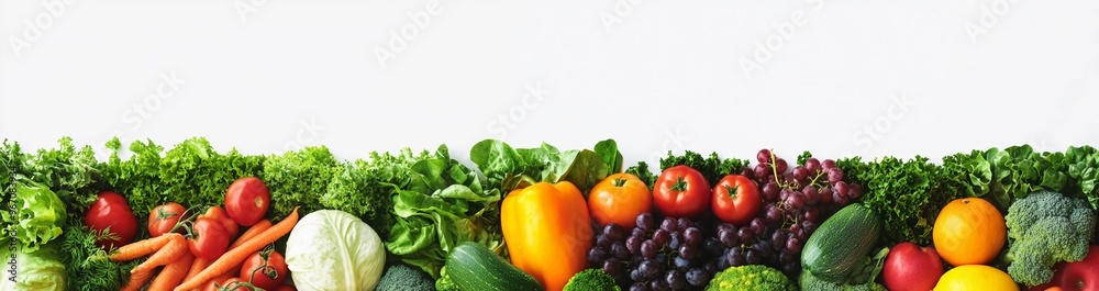 Fruit and vegetable banner with white background, wide panorama, banner for healthy food concept, many fruits and vegetables isolated on white background Fruit and vegetable banner with white background, wide panorama, banner for healthy food concept, many fruits and vegetables isolated on white background