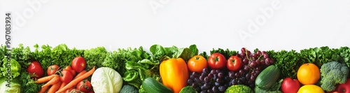 Fruit and vegetable banner with white background, wide panorama, banner for healthy food concept, many fruits and vegetables isolated on white background