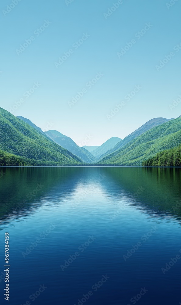 A serene lake surrounded by lush green mountains under a clear blue sky during the early hours of the morning A serene lake surrounded by lush green mountains under a clear blue sky during the early hours of the morning