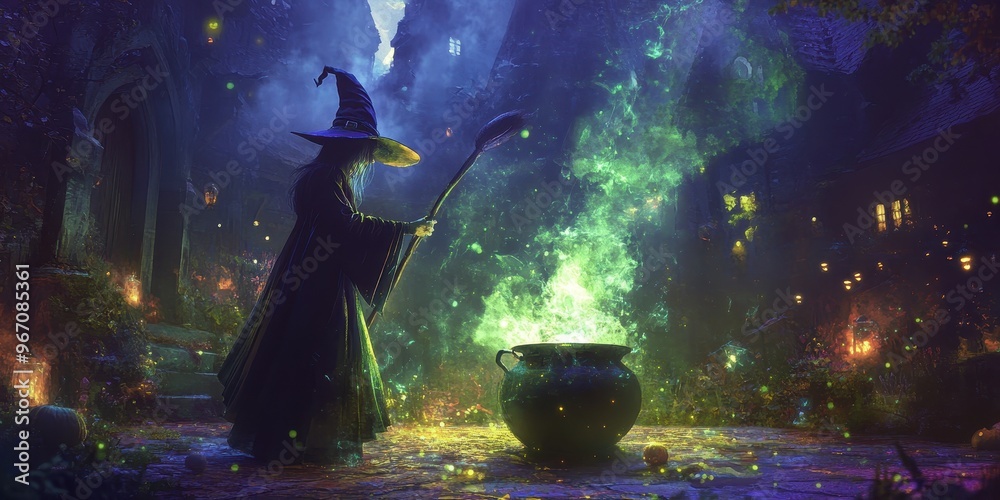 A witch stirring a bubbling cauldron while her broomstick floats nearby A witch stirring a bubbling cauldron while her broomstick floats nearby