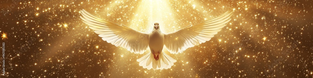 Fototapeta premium Divine Radiance: Majestic White Dove Soaring in Golden Sunlit Sky. Symbolic Panoramic Banner for Faith, Freedom, and Peace. Inspirational 4K Wallpaper for Cultural Campaigns and Spiritual Promotions.