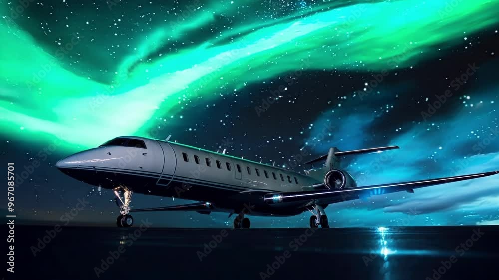 Luxurious private jet is parked on the runway, bathed in the ethereal glow of a starry night sky, ready for its next journey Luxurious private jet is parked on the runway, bathed in the ethereal glow of a starry night sky, ready for its next journey