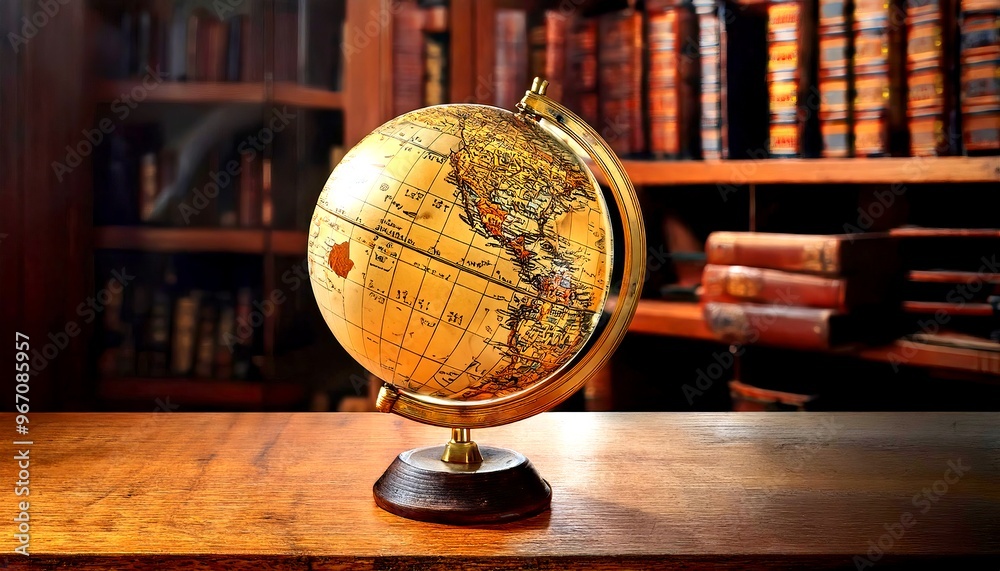 A classic antique globe, displayed on a wooden stand amongst a collection of leather-bound books. Vintage. 2 A classic antique globe, displayed on a wooden stand amongst a collection of leather-bound books. Vintage. 2