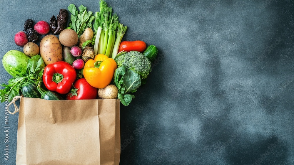 Nourishing choices: paper bag filled with healthy food, a commitment to wellness, packed with fresh produce, whole grains, and nutritious snacks, a lifestyle focused on vitality and health Nourishing choices: paper bag filled with healthy food, a commitment to wellness, packed with fresh produce, whole grains, and nutritious snacks, a lifestyle focused on vitality and health