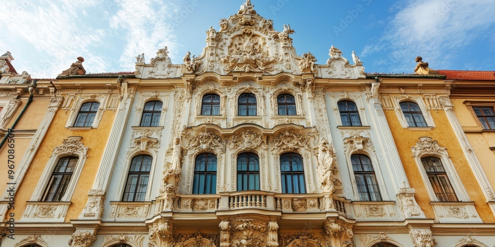 An ornate Baroque building with a highly decorated facade, showcasing detailed craftsmanship An ornate Baroque building with a highly decorated facade, showcasing detailed craftsmanship
