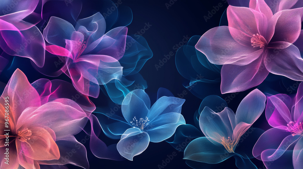 Glowing floral patterns on black background create vibrant and enchanting atmosphere. delicate petals in shades of pink, blue, and purple evoke sense of tranquility and beauty Glowing floral patterns on black background create vibrant and enchanting atmosphere. delicate petals in shades of pink, blue, and purple evoke sense of tranquility and beauty