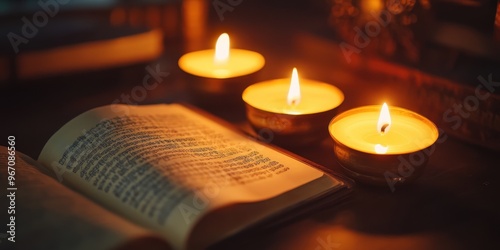Ancient Buddhist scriptures illuminated by the soft glow of candlelight, emanating wisdom