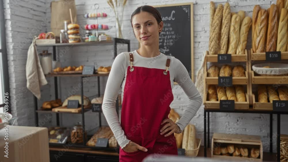 Young woman in bakery room indoors with bread displayed behind, standing in red apron, brunette and smiling, creating attractive shop atmosphere Young woman in bakery room indoors with bread displayed behind, standing in red apron, brunette and smiling, creating attractive shop atmosphere