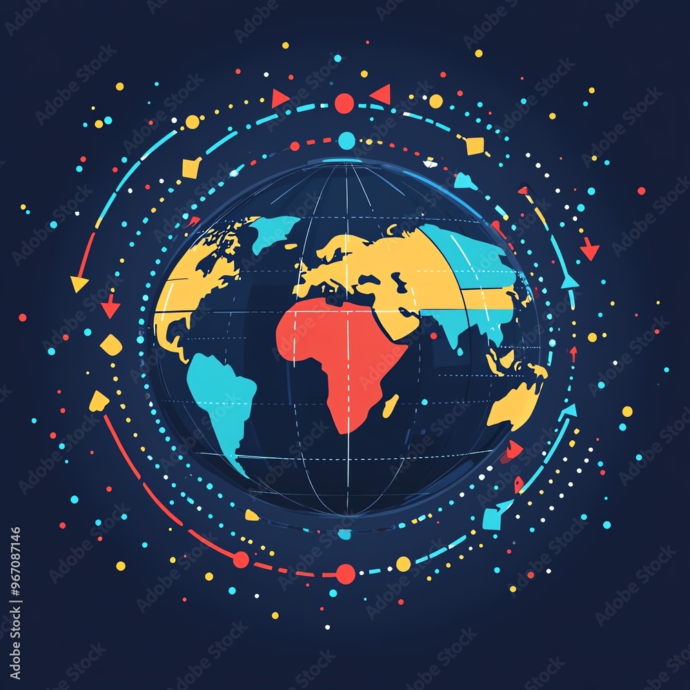 Fototapeta premium Colorful globe illustration with geometric patterns and vibrant colors representing global connections and diversity.