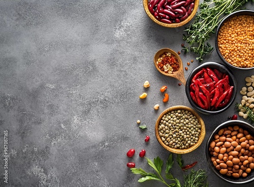 Dialogue on the promotion of high-quality, healthy food including legumes, vegetables, and grains on a grey background with copy space for text. 