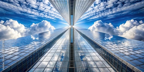 Wide-angle high-rise building reflecting in the sky symmetrically with white clouds photo