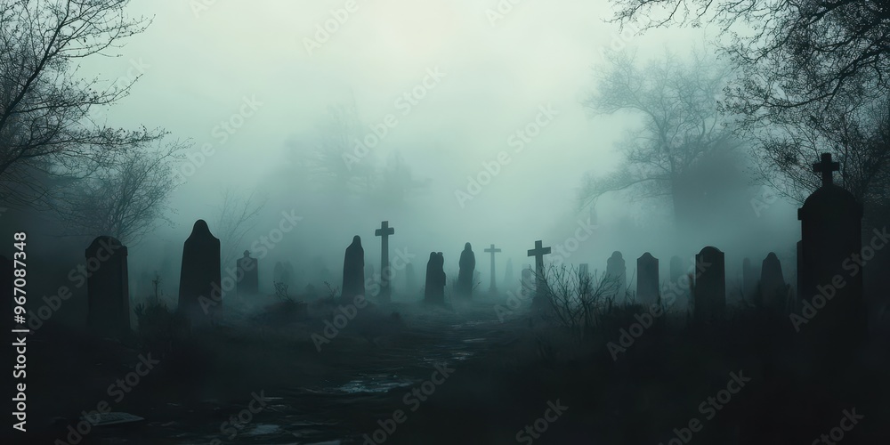 Ghosts floating silently over a fog-covered graveyard, their forms barely visible in the mist 