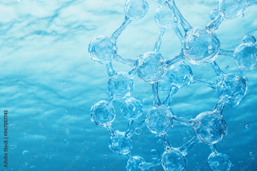 Close-up of a transparent water molecule structure on a blue background, symbolizing chemistry, molecular science, and purity Close-up of a transparent water molecule structure on a blue background, symbolizing chemistry, molecular science, and purity