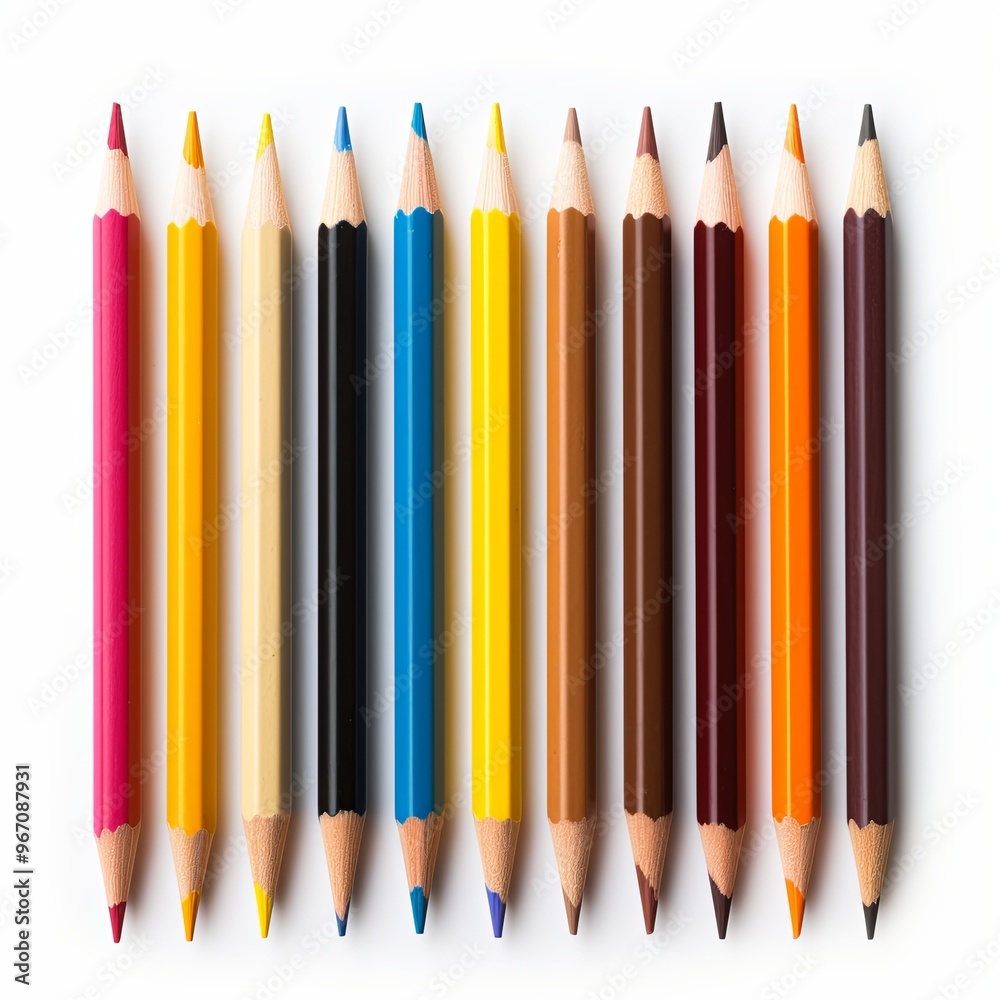 A vibrant array of colored pencils arranged from left to right red, orange, yellow, green, blue, indigo, and violet. They stand out against a clean white background, ideal for art and design.
