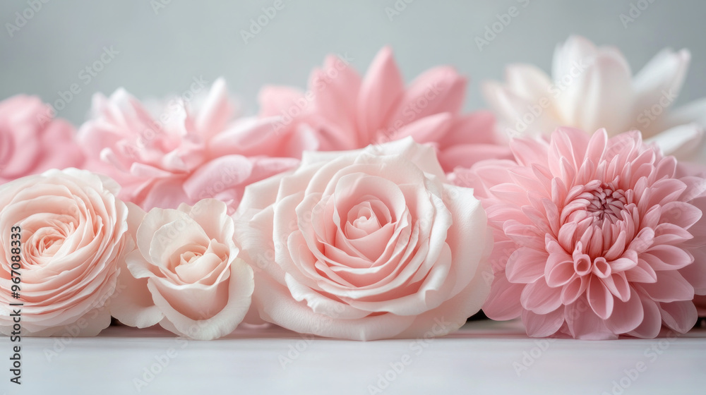 A row of pink flowers, including roses and dahlias, are arranged on a white background. The flowers are arranged in a way that creates a sense of harmony and balance A row of pink flowers, including roses and dahlias, are arranged on a white background. The flowers are arranged in a way that creates a sense of harmony and balance