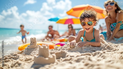 55. A relaxing family beach day with parents and children playing in the sand, building sandcastles, and splashing in the shallow waves, with bright umbrellas and beach toys scattered around