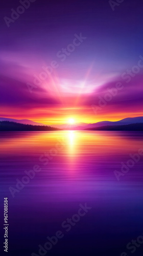 A beautiful sunset over a lake with mountains in the background. The sky is a mix of purple and orange hues, creating a serene and peaceful atmosphere. The water is calm and still