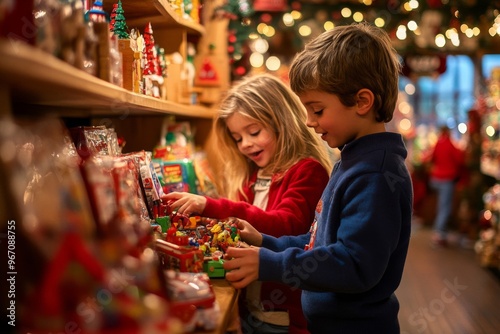 Two Children Choosing Toys From Christmas Market Stall photo