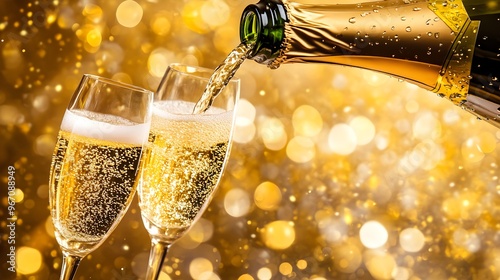 Champagne Pouring into Glasses, New Year's Eve Celebration.