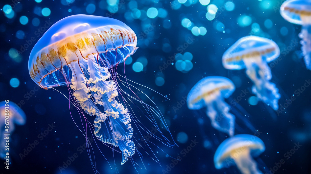 Glowing jellyfish in deep blue ocean create mesmerizing underwater scene, illuminating surroundings with their ethereal light. Their graceful movements evoke sense of wonder and tranquility Glowing jellyfish in deep blue ocean create mesmerizing underwater scene, illuminating surroundings with their ethereal light. Their graceful movements evoke sense of wonder and tranquility