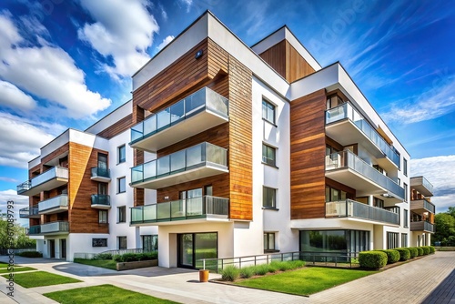 Wide-angle shot of a modern apartment building with a white and wood exterior