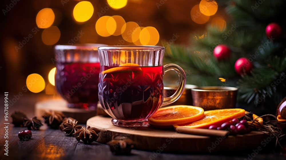 Two glasses of mulled wine with orange and spices on wooden table with Christmas lights. Traditional winter festive drink. Two glasses of mulled wine with orange and spices on wooden table with Christmas lights. Traditional winter festive drink.