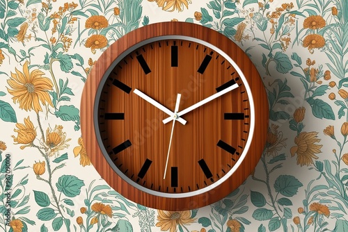 Unique Wooden Clock Element Isolated on Illustrated Backdrop photo