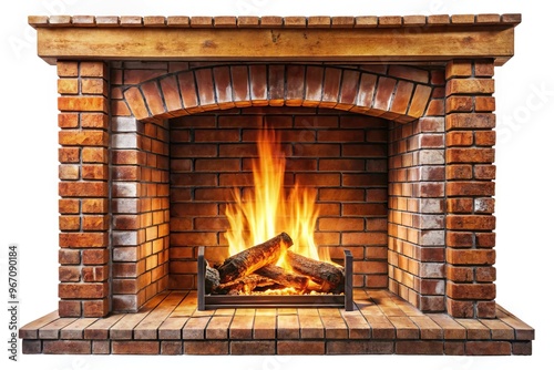 Wide-angle shot of fire in brick fireplace