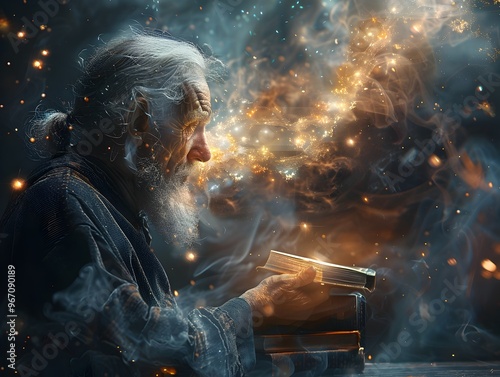 Wise Sage Pondering New Ideas in Futuristic Ethereal