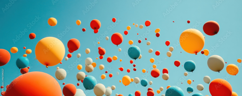 A bunch of colorful balloons are floating in the sky. The balloons are of different colors and sizes, creating a vibrant and lively atmosphere. Concept of joy and celebration A bunch of colorful balloons are floating in the sky. The balloons are of different colors and sizes, creating a vibrant and lively atmosphere. Concept of joy and celebration