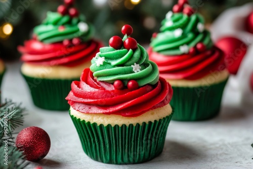 Red and Green Christmas Tree-Shaped Cupcakes