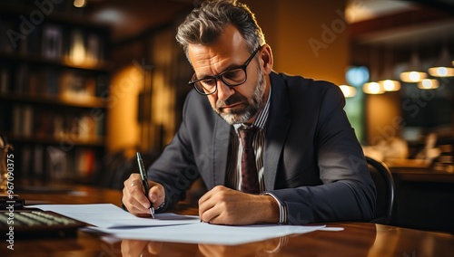 Focused mature businessman working late in office, signing documents at desk.