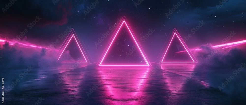 A series of three pink triangles are lit up in the dark A series of three pink triangles are lit up in the dark