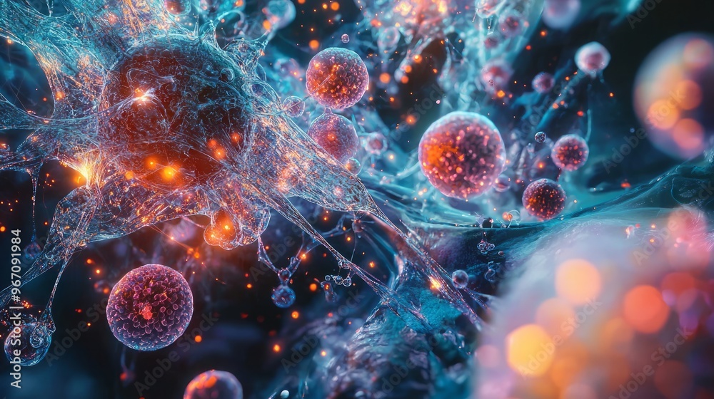 Fototapeta premium Abstract Cell Structure with Glowing Particles