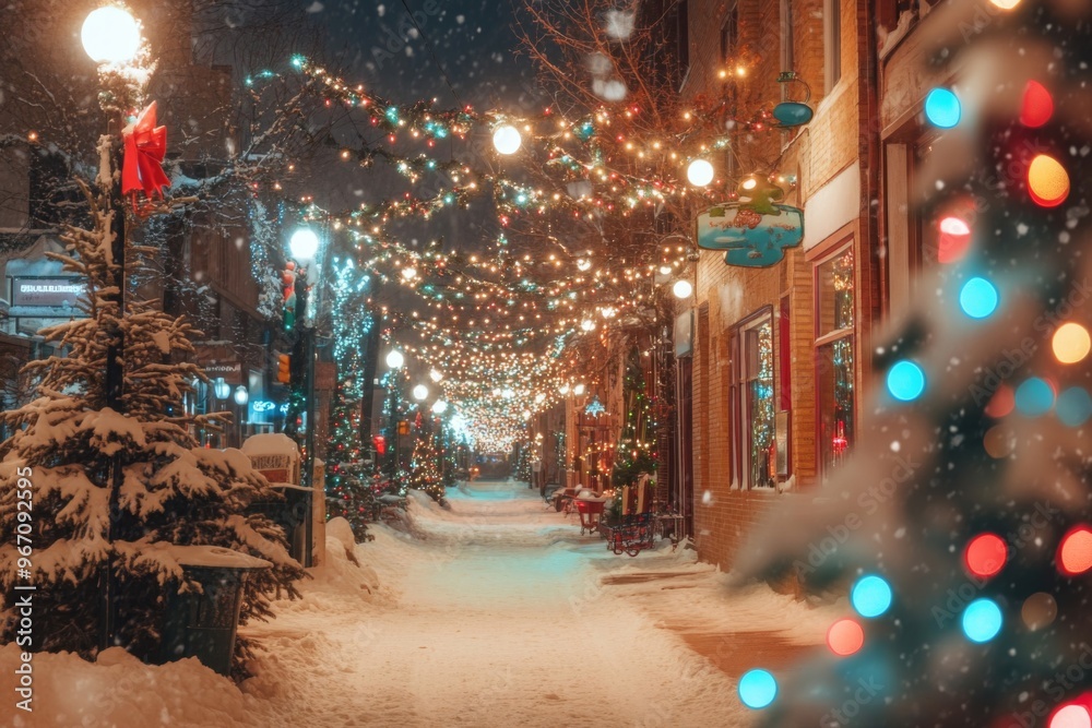 Snowy Street Lined with Christmas Lights at Night Snowy Street Lined with Christmas Lights at Night