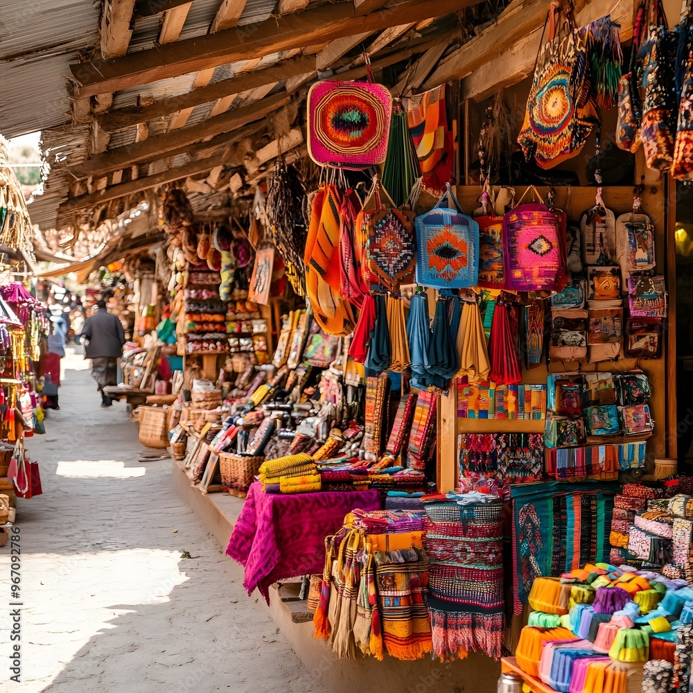 Fototapeta premium A colorful market full of souvenirs, with handmade crafts, traditional garments, and local artwork.