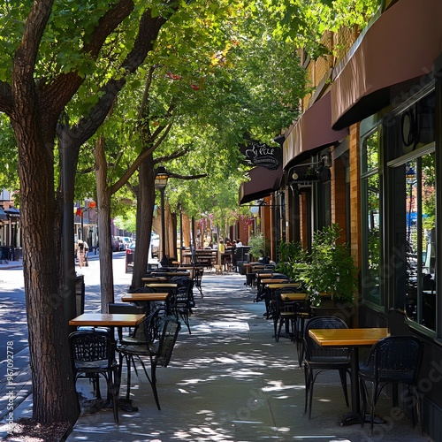 A quiet summer cafe and restaurant with empty tables and chairs on a city street  surrounded by trees and European architecture.