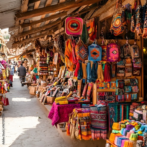 A colorful market full of souvenirs, with handmade crafts, traditional garments, and local artwork.