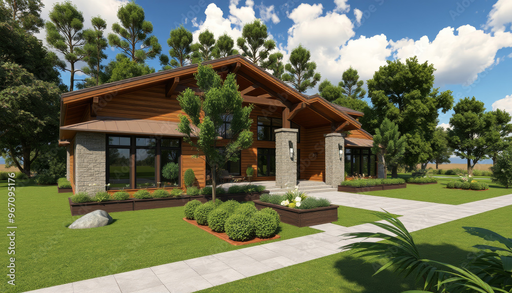 Obraz premium a large residential country house with lawns and trees