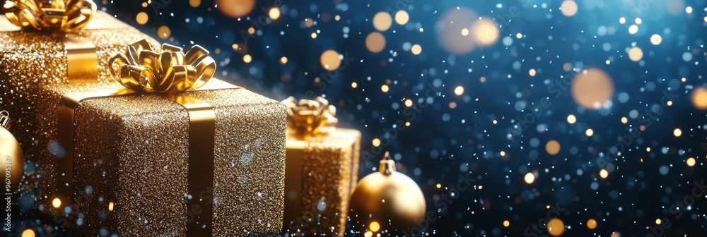 Golden Christmas presents, blue glitter background, festive celebration concept, winter holidays Golden Christmas presents, blue glitter background, festive celebration concept, winter holidays